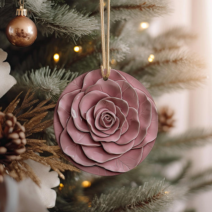 a pink ornament hanging from a christmas tree
