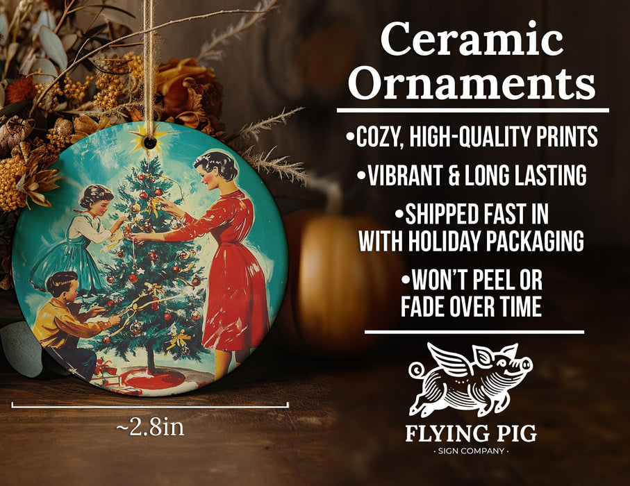 a ceramic ornament with a woman decorating a christmas tree