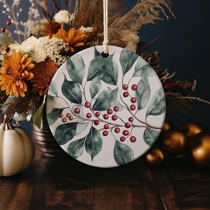 a ceramic ornament decorated with leaves and berries