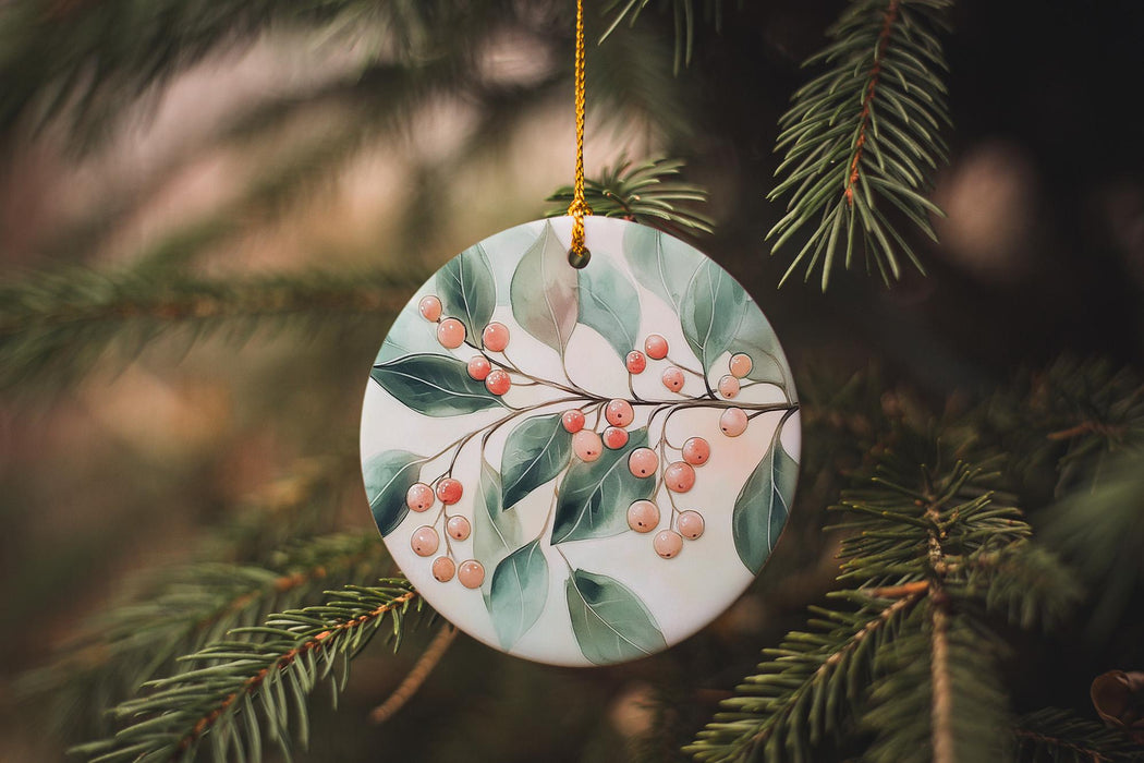 a ceramic ornament hanging from a christmas tree