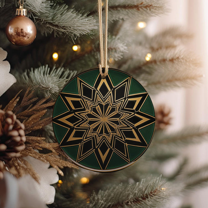 a christmas ornament hanging from a christmas tree
