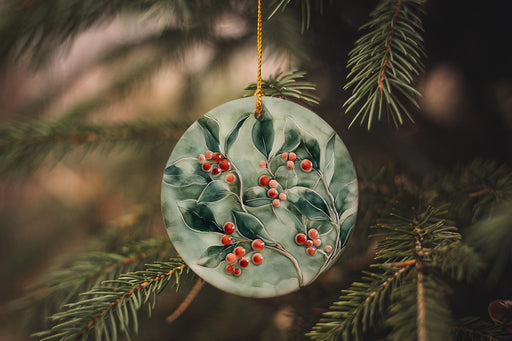 a ceramic ornament hanging from a christmas tree