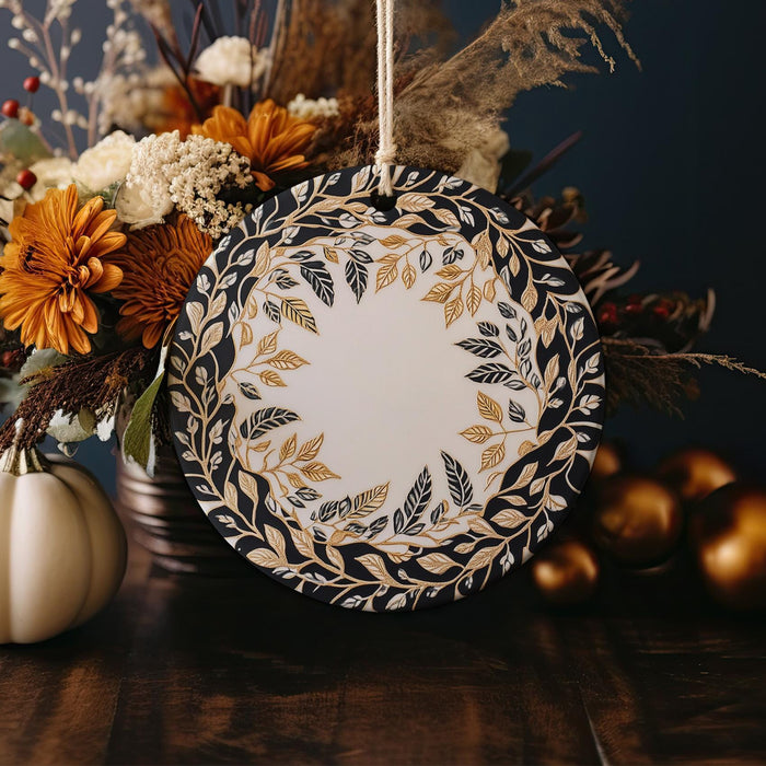 a white and gold plate sitting on top of a wooden table