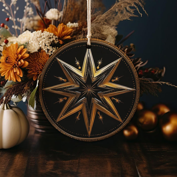 a star ornament sitting on top of a wooden table