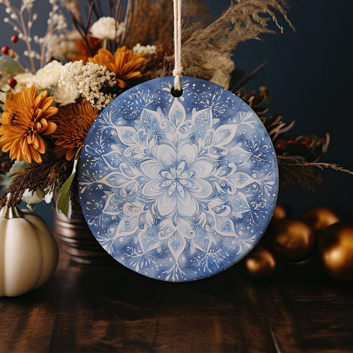 a picture of a blue and white snowflake ornament