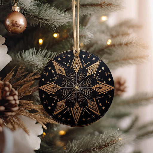 a black and gold ornament hanging from a christmas tree
