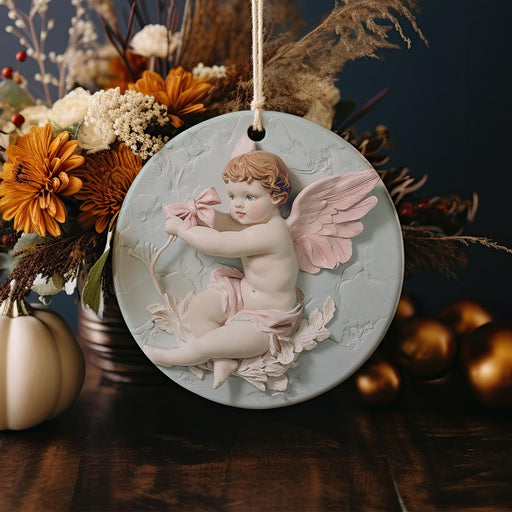 a christmas ornament with a cupid angel on it