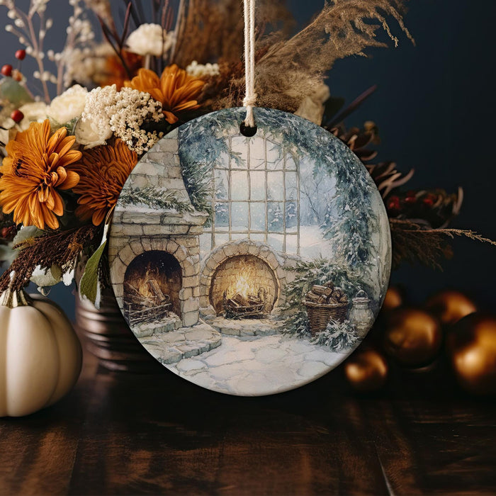 a ceramic ornament with a picture of a fireplace