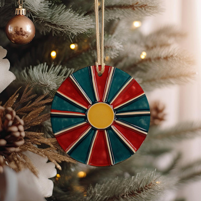 a christmas ornament hanging from a christmas tree