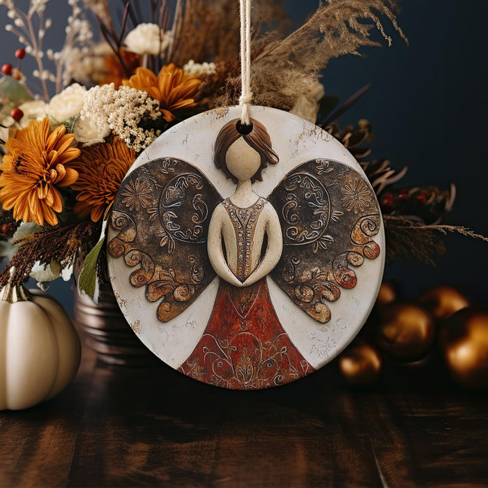 a wooden angel ornament sitting on top of a table