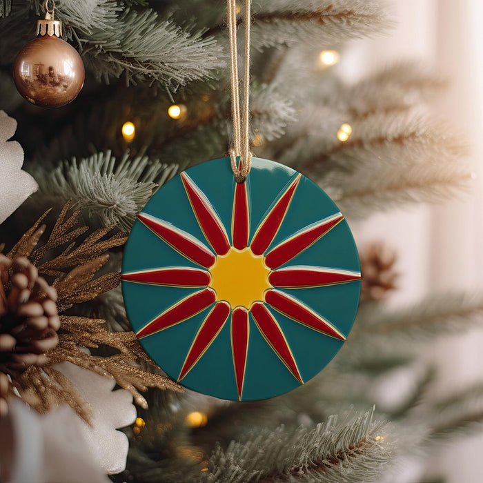 a christmas ornament hanging from a christmas tree