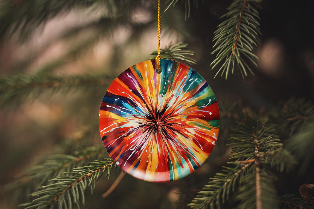 a colorful ornament hanging from a christmas tree