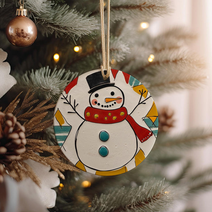 a snowman ornament hanging from a christmas tree