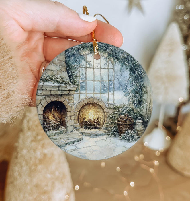 a hand holding a christmas ornament with a fireplace