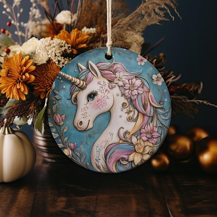 a ceramic ornament with a picture of a unicorn on it