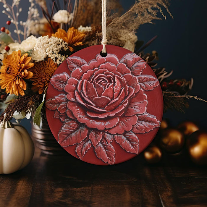 a red ornament with a flower on it