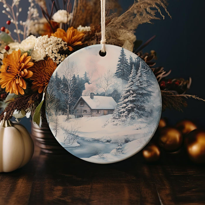 a christmas ornament with a picture of a house in the snow