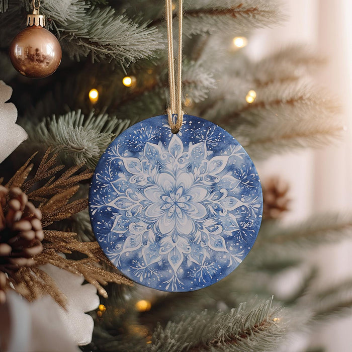 a blue and white ornament hanging from a christmas tree