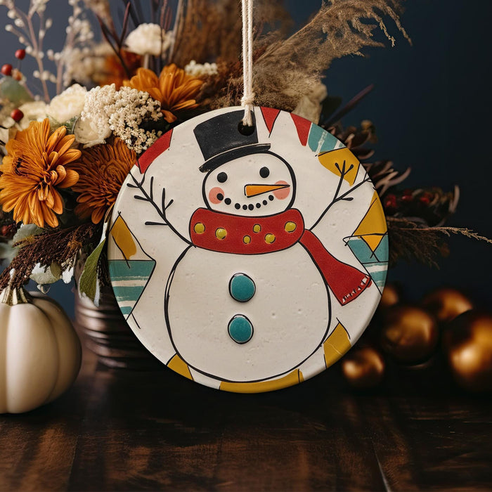 a snowman ornament sitting on top of a wooden table