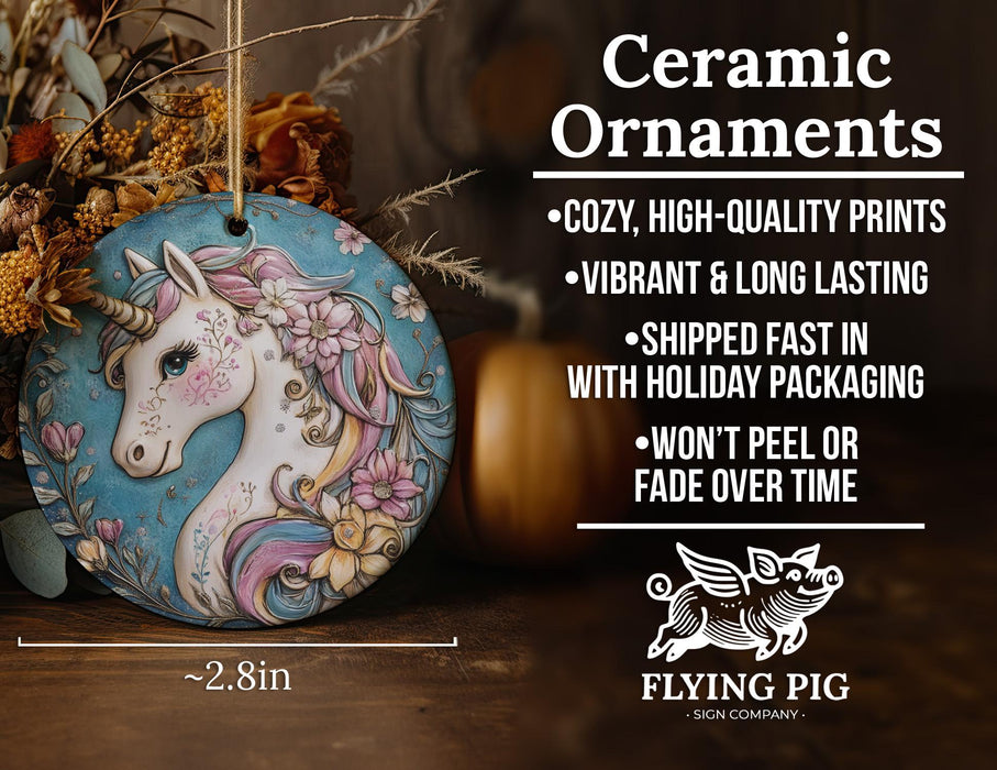 a ceramic ornament with a unicorn on it
