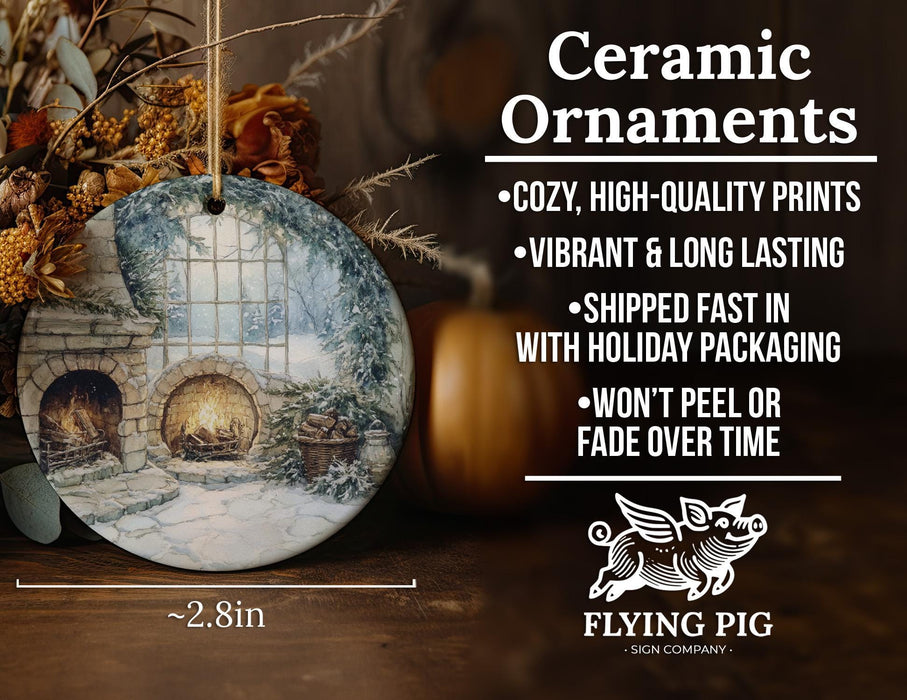 a ceramic ornament with a picture of a fireplace