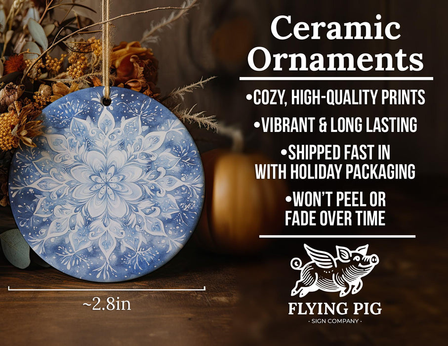 a ceramic ornament hanging on a wooden table