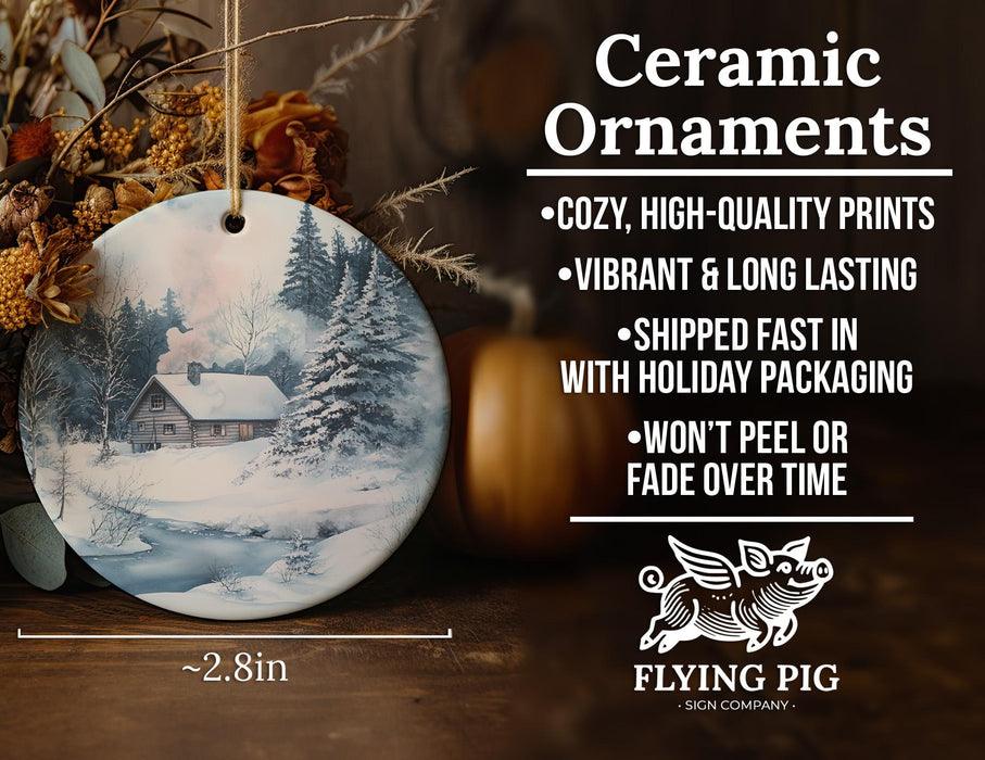 a ceramic ornament with a snowy scene on it