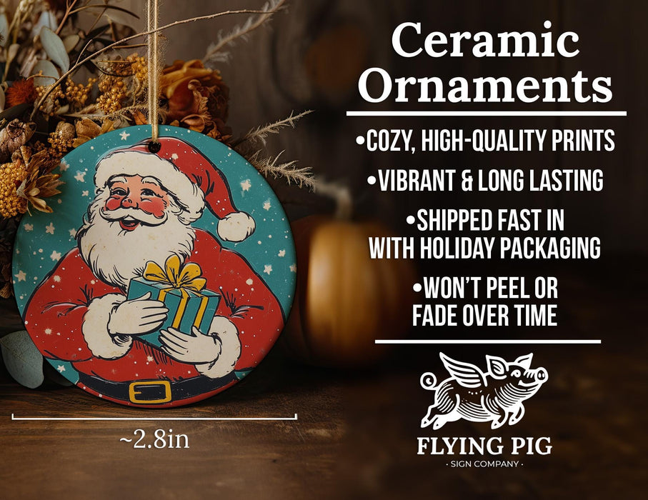 a ceramic ornament with a santa clause holding a present