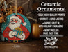 a ceramic ornament with a santa clause holding a present
