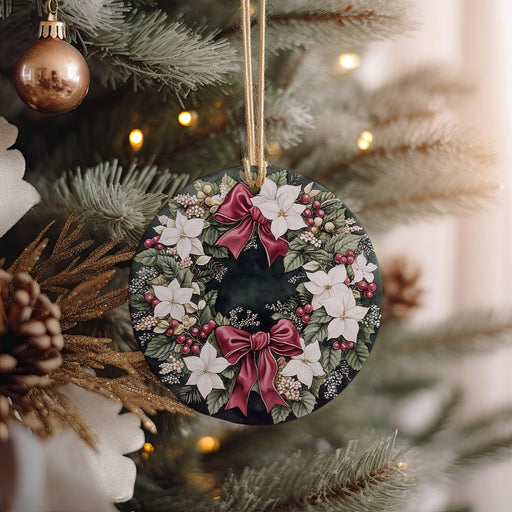 a christmas ornament hanging from a christmas tree