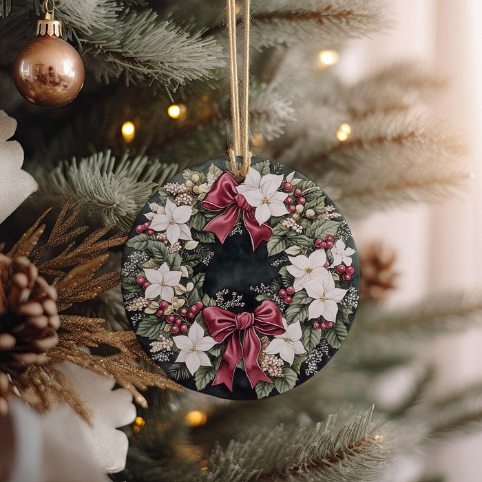 a christmas ornament hanging from a christmas tree