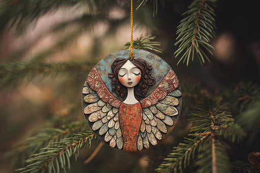 a ceramic angel ornament hanging from a christmas tree