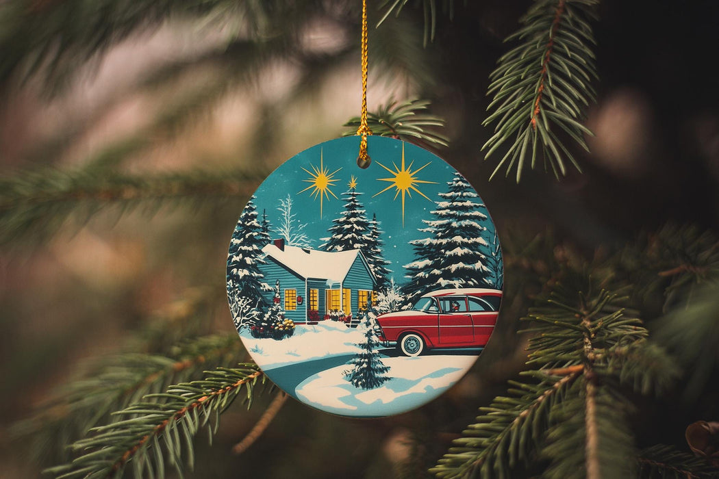 a christmas ornament hanging from a christmas tree