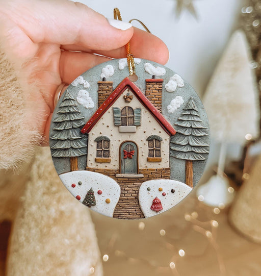 a hand holding a christmas ornament with a house on it