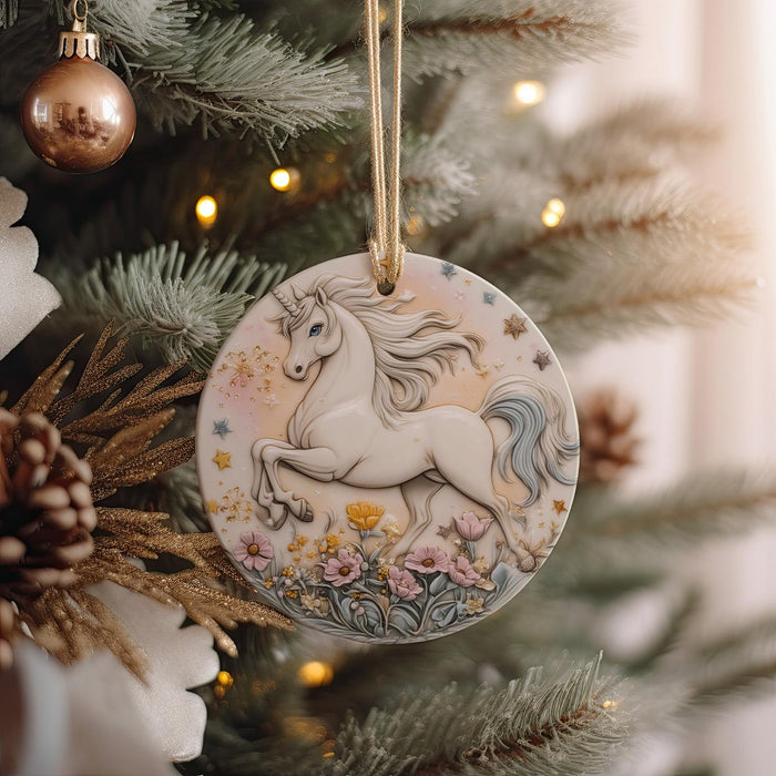 a ceramic ornament hanging from a christmas tree