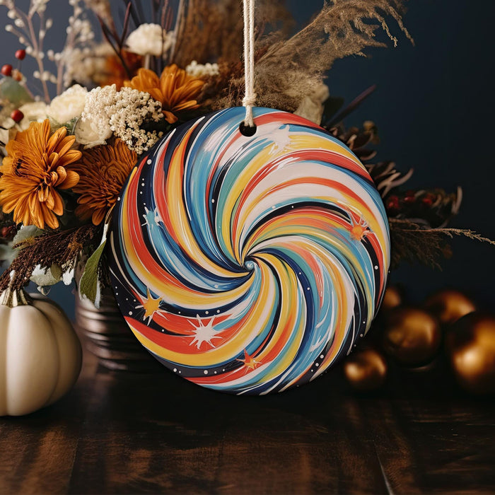 a colorful swirl ornament hanging from a string