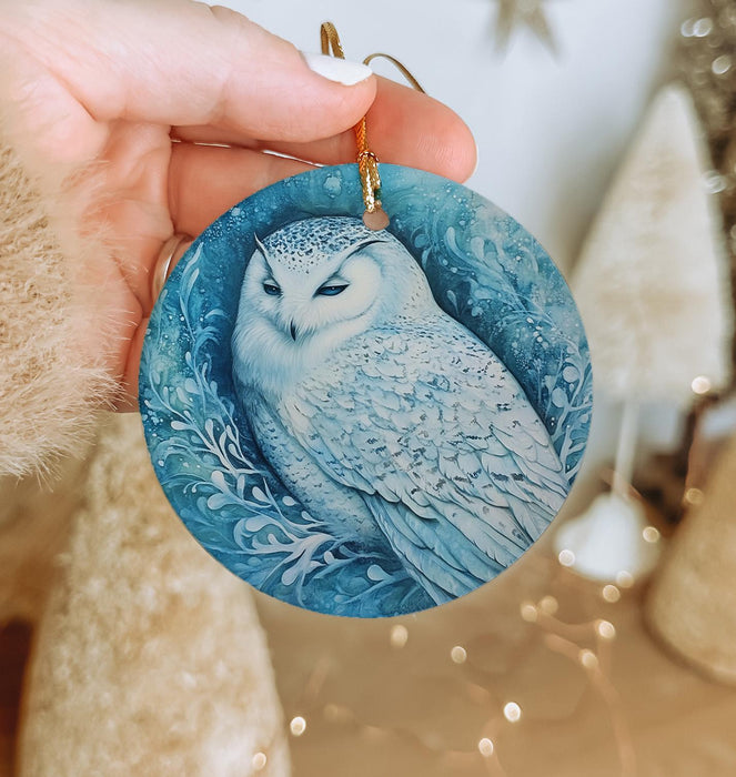 a hand holding an ornament with an owl on it