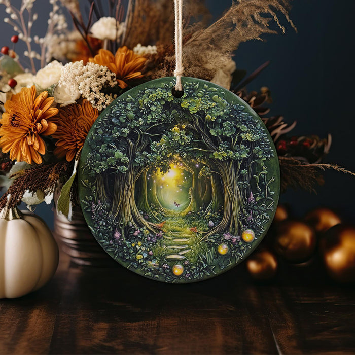 a ceramic ornament with a picture of a forest