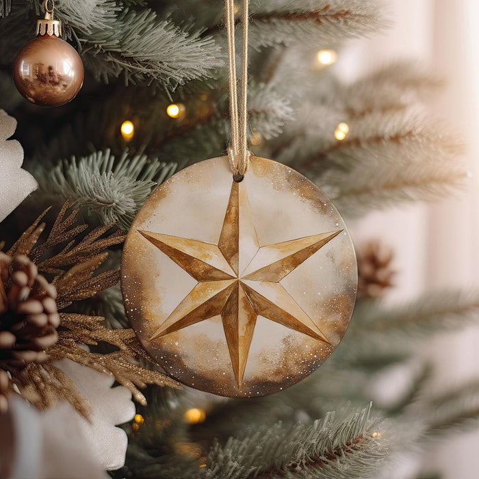 a star ornament hanging from a christmas tree