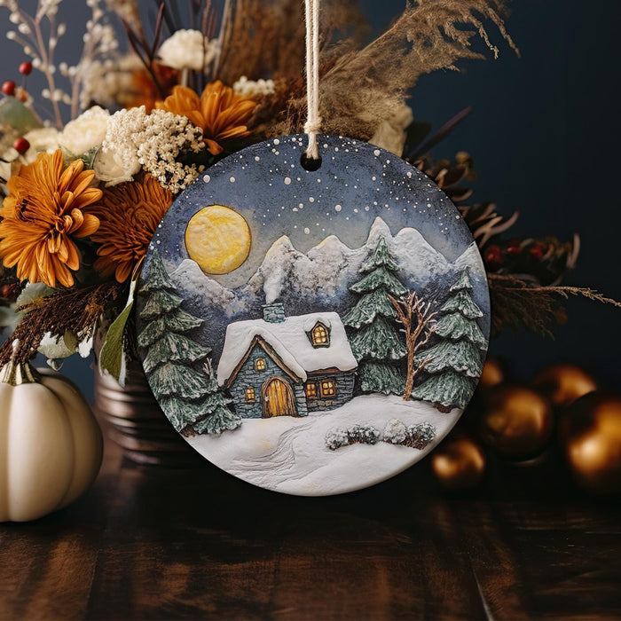 a christmas ornament with a house in the snow