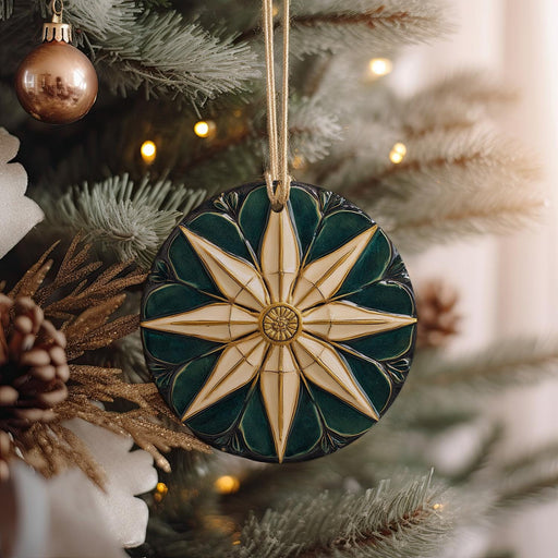 a christmas ornament hanging from a christmas tree