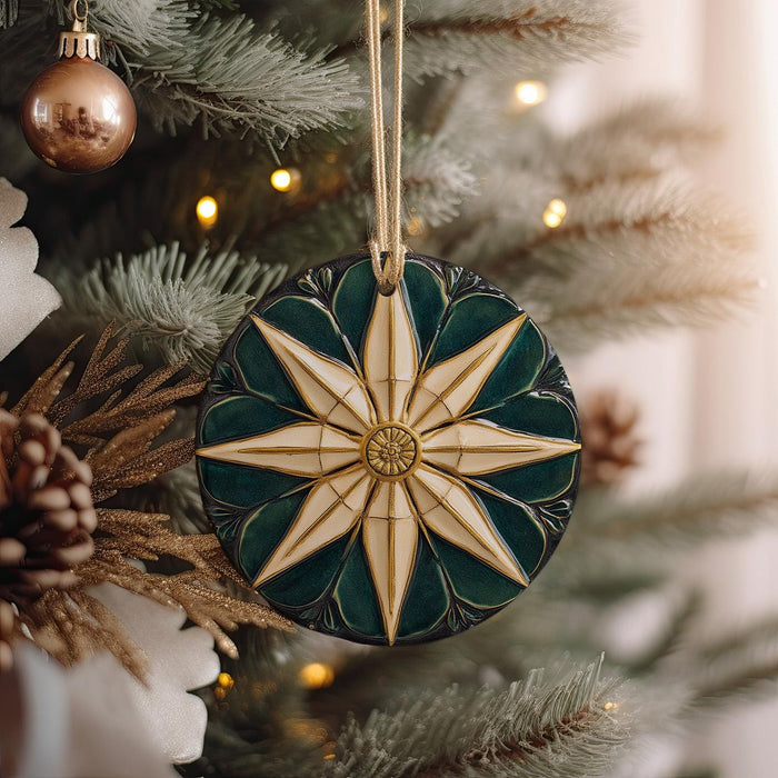 a christmas ornament hanging from a christmas tree