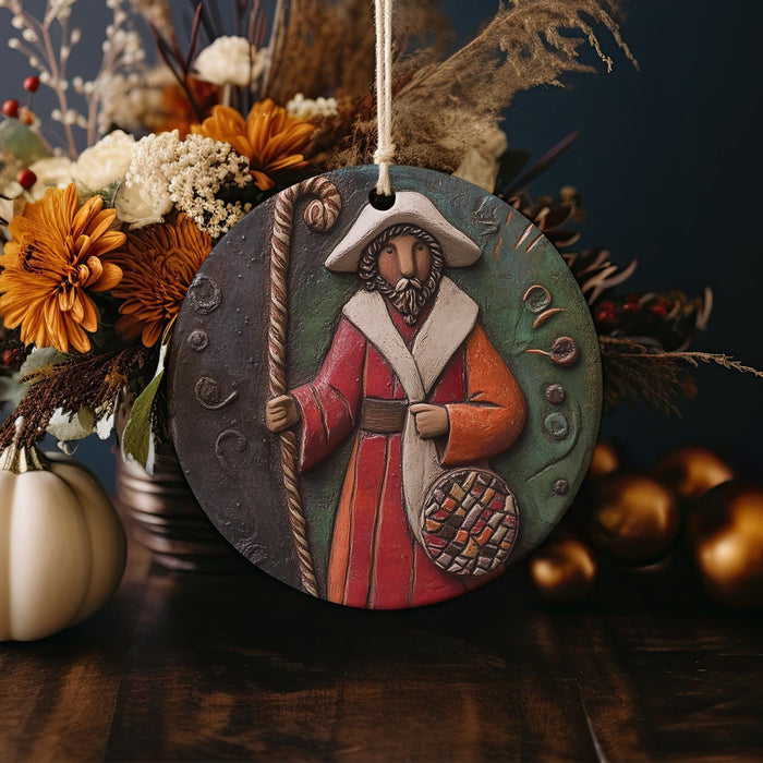 a ceramic ornament with a picture of a man