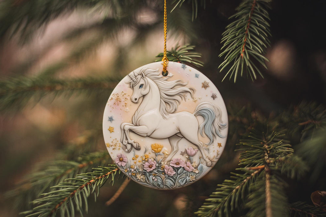 a ceramic ornament hanging from a christmas tree