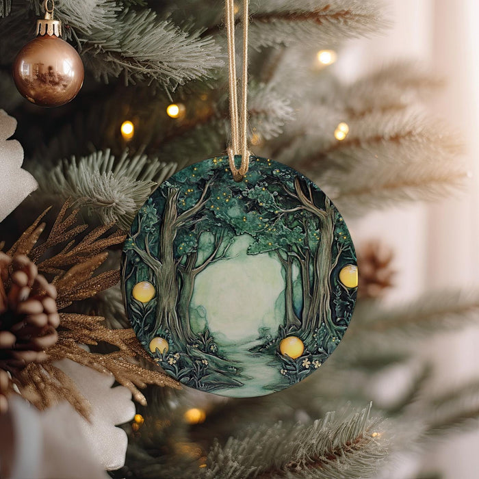 a christmas ornament hanging from a christmas tree
