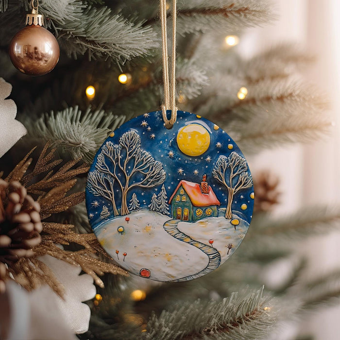 a christmas ornament hanging from a christmas tree