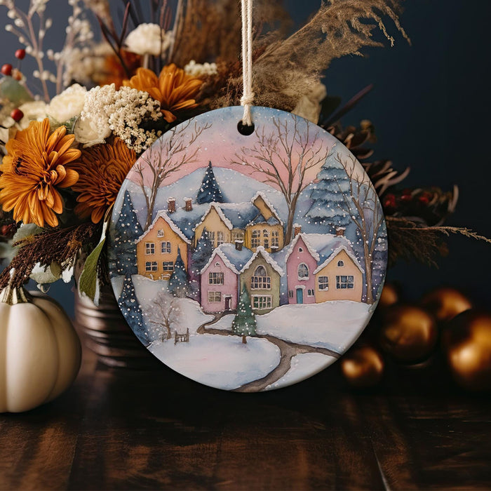 a ceramic ornament with a winter scene on it