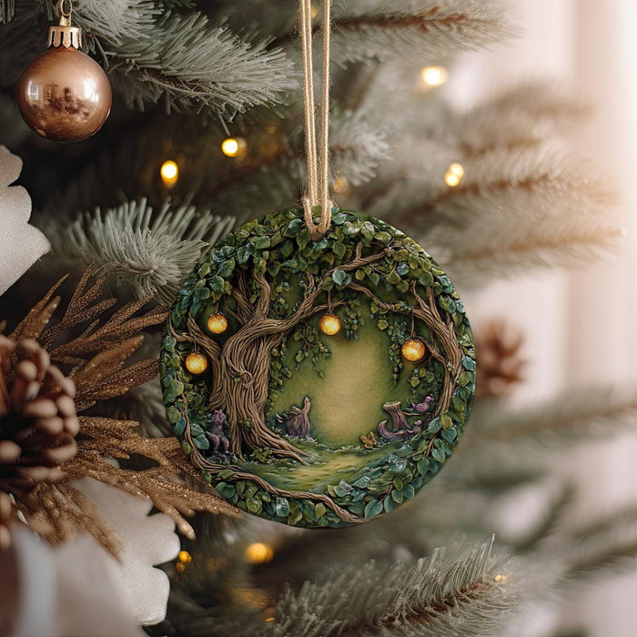 a christmas ornament hanging from a christmas tree