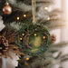 a christmas ornament hanging from a christmas tree