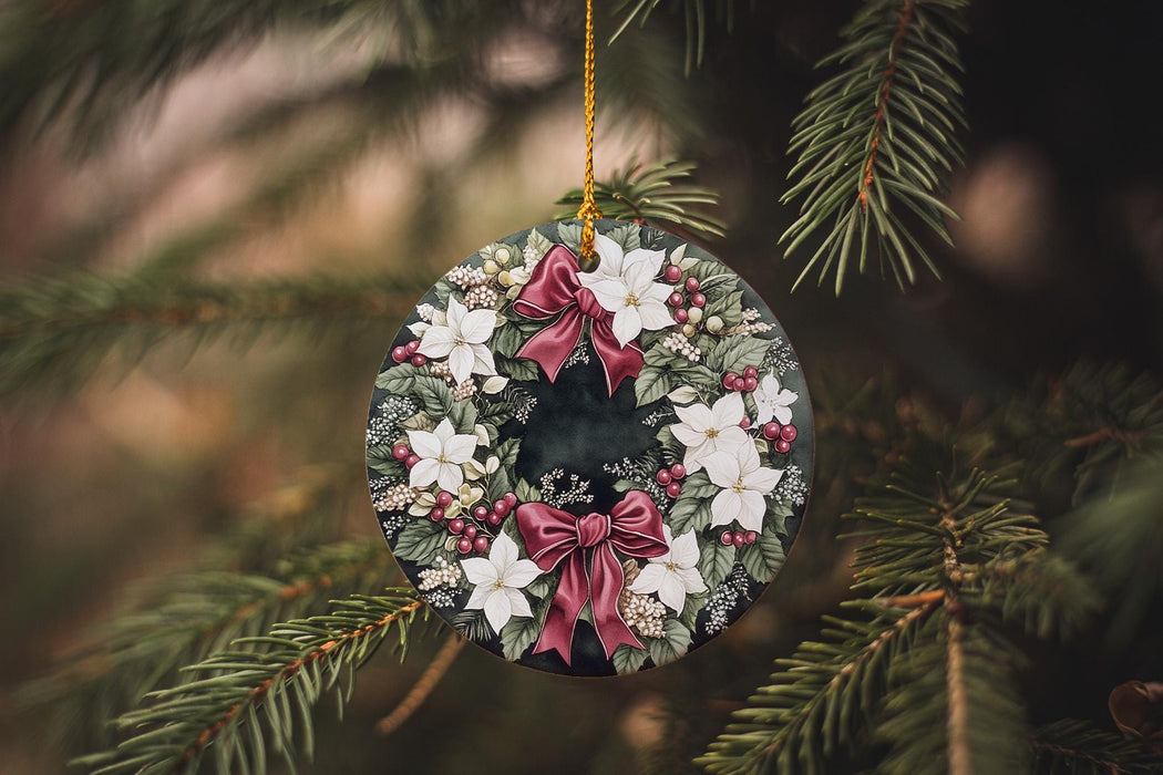a christmas ornament hanging from a christmas tree